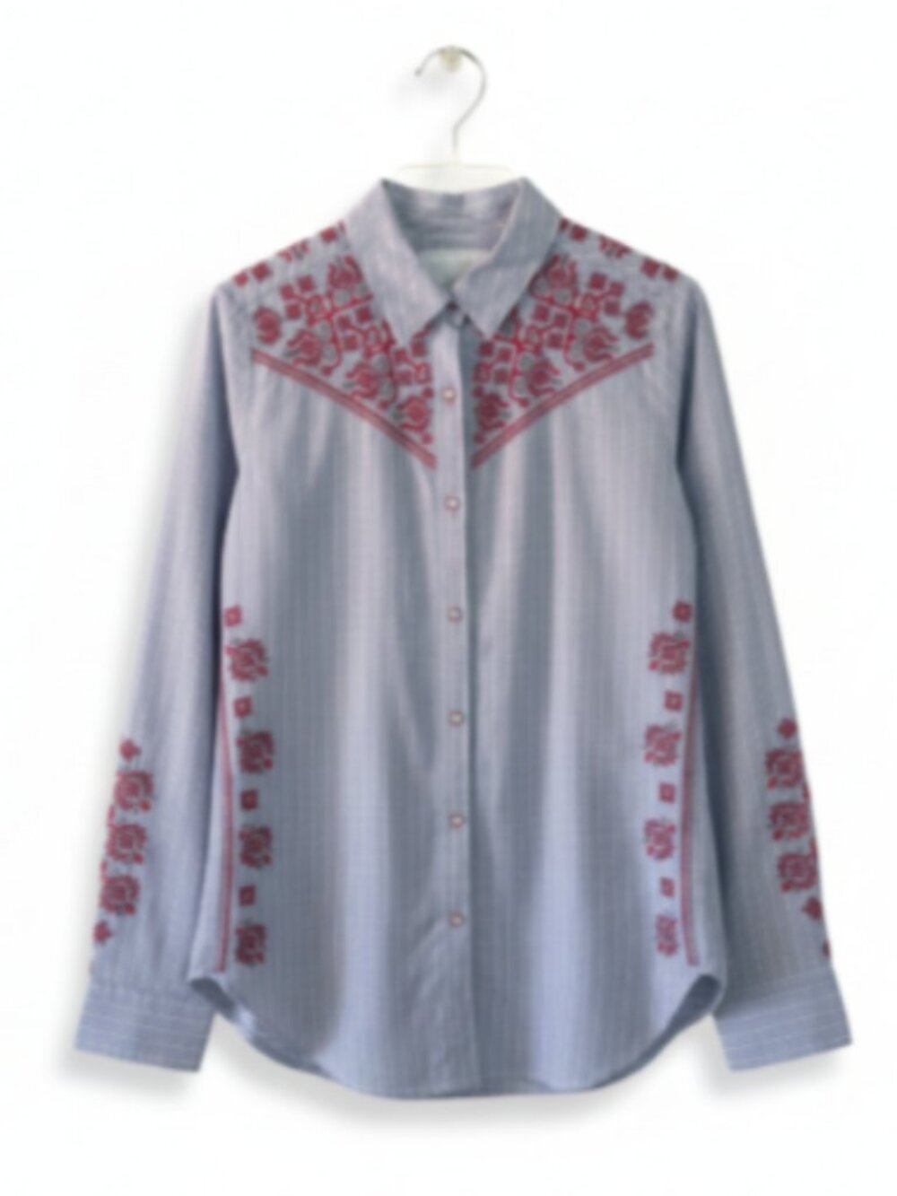 Johnny Was 3J Workshop Shirt Women's Small Blue Stripe Floral Embroidered